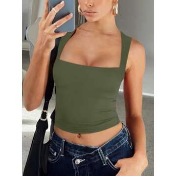 REORIA Women's Sexy Going Out Crop Tops Square Neck Double Lined 2024 Fashion Cute Basic Trendy Tank Tops Summer Y2k Teen Girls St Patricks Day Outfits Green Medium