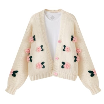 FindThy Women’s Kawaii Strawberry Embroidered Cardigan Long Sleeve V Neck Chunky Knitted Cardigans...