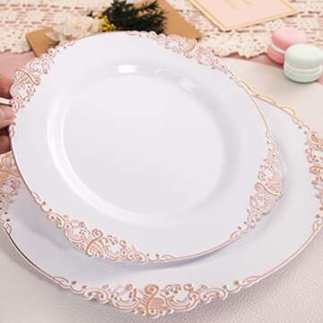 Morejoy 100pcs Plastic Plates - Disposable - 7.5 inch White and Rose Gold Dessert Plates for Wedding...