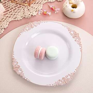 Morejoy 100pcs Plastic Plates - Disposable - 7.5 inch White and Rose Gold Dessert Plates for Weddings & Parties & Shower