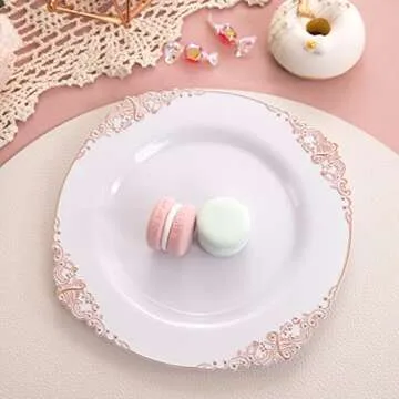 Morejoy 100pcs Plastic Plates - Disposable - 7.5 inch White and Rose Gold Dessert Plates for Weddings & Parties & Shower