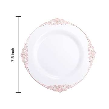 Morejoy 100pcs Plastic Plates - Disposable - 7.5 inch White and Rose Gold Dessert Plates for Weddings & Parties & Shower