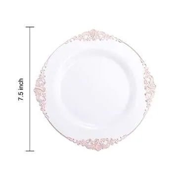 Morejoy 100pcs Plastic Plates - Disposable - 7.5 inch White and Rose Gold Dessert Plates for Weddings & Parties & Shower
