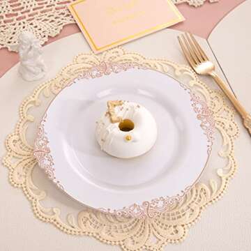 Morejoy 100pcs Plastic Plates - Disposable - 7.5 inch White and Rose Gold Dessert Plates for Weddings & Parties & Shower