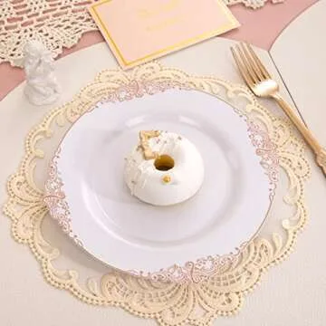 Morejoy 100pcs Plastic Plates - Disposable - 7.5 inch White and Rose Gold Dessert Plates for Weddings & Parties & Shower