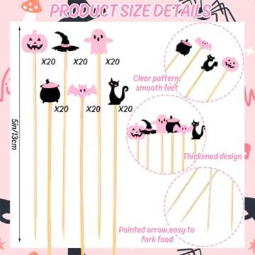 Whaline 120Pcs Pink Black Halloween Cocktail Picks Cute Ghost Pumpkin Bamboo Toothpicks Garnish Stic...