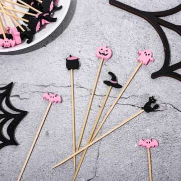 Whaline 120Pcs Pink Black Halloween Cocktail Picks Cute Ghost Pumpkin Bamboo Toothpicks Garnish Sticks for Appetizers Fruit Sandwiches Drinks Skewers, 6 Designs