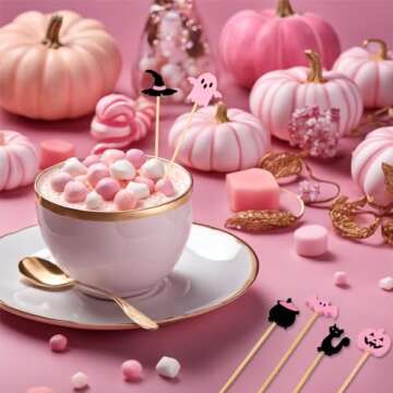 Whaline 120Pcs Pink Black Halloween Cocktail Picks Cute Ghost Pumpkin Bamboo Toothpicks Garnish Sticks for Appetizers Fruit Sandwiches Drinks Skewers, 6 Designs