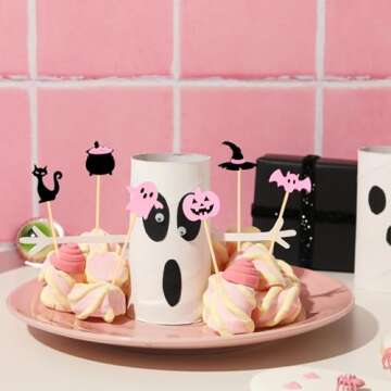 Whaline 120Pcs Pink Black Halloween Cocktail Picks Cute Ghost Pumpkin Bamboo Toothpicks Garnish Sticks for Appetizers Fruit Sandwiches Drinks Skewers, 6 Designs