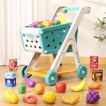 Jovow 98pcs Kids Shopping Cart Trolley Play Set with Pretend Food and Accessories,Perfect for Ages 3...