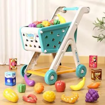 Jovow 98pcs Kids Shopping Cart Trolley Play Set with Pretend Food and Accessories,Perfect for Ages 3...