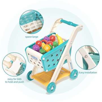 Jovow 98pcs Kids Shopping Cart Trolley Play Set with Pretend Food and Accessories,Perfect for Ages 3+ Pretend Play and Role-Playing Games