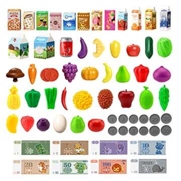 Jovow 98pcs Kids Shopping Cart Trolley Play Set with Pretend Food and Accessories,Perfect for Ages 3+ Pretend Play and Role-Playing Games