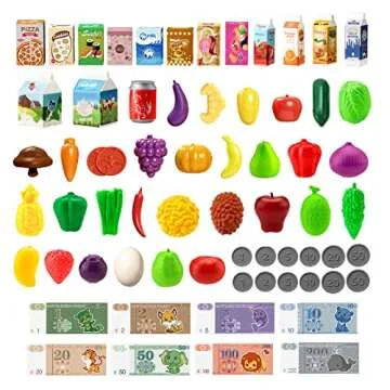 Jovow 98pcs Kids Shopping Cart Trolley Play Set with Pretend Food and Accessories,Perfect for Ages 3+ Pretend Play and Role-Playing Games