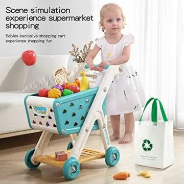 Jovow 98pcs Kids Shopping Cart Trolley Play Set with Pretend Food and Accessories,Perfect for Ages 3+ Pretend Play and Role-Playing Games