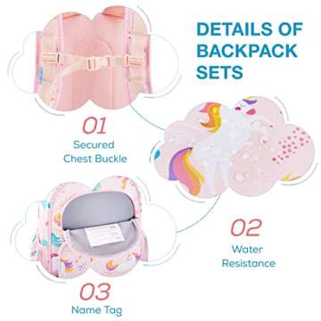 mommore Kids Backpack Set, Unicorn Backpack for Girls Lightweight Elementary Bookbag for Students School backpack for Children with Chest Strap Water Resistant,3pcs pink