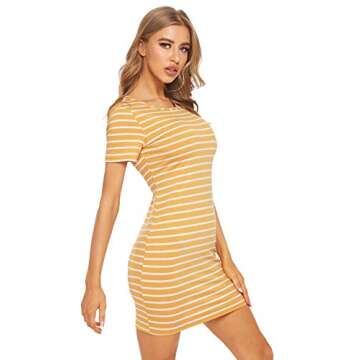 Floerns Women's Casual Short Sleeve Striped Bodycon T Shirt Short Mini Dress Yellow Stripe S