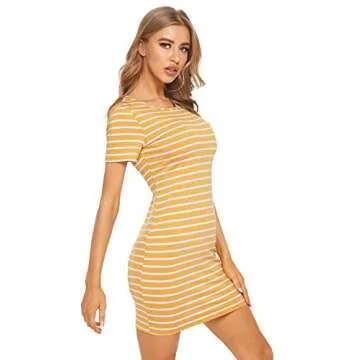 Floerns Women's Casual Short Sleeve Striped Bodycon T Shirt Short Mini Dress Yellow Stripe S