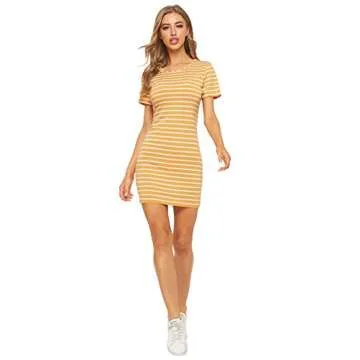 Floerns Women's Casual Short Sleeve Striped Bodycon T Shirt Short Mini Dress Yellow Stripe S