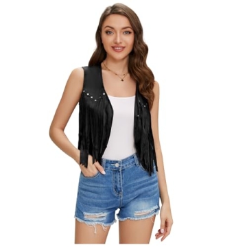 Trendy JASGOOD Women's Tassel Vest - 70s Hippie Faux Suede Style