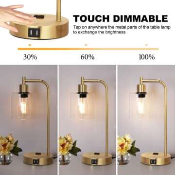 QiMH Set of 2 Industrial Touch Control Table Lamps with 2 USB Ports and 2 AC Outlets, 3-Way Dimmable...