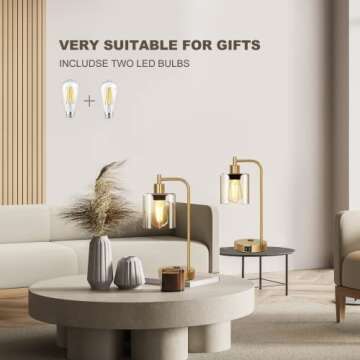 QiMH Set of 2 Industrial Touch Control Table Lamps with 2 USB Ports and 2 AC Outlets, 3-Way Dimmable Bedside Nightstand Reading Lamps with 2700K LED Bulbs, Glass Desk Lamp for Living Room,Bedroom