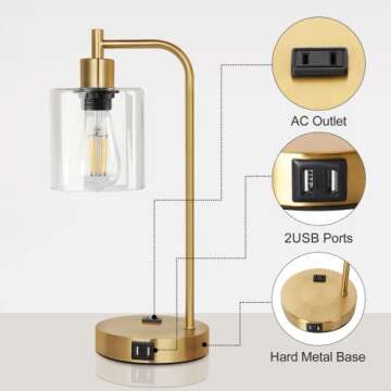 QiMH Set of 2 Industrial Touch Control Table Lamps with 2 USB Ports and 2 AC Outlets, 3-Way Dimmable Bedside Nightstand Reading Lamps with 2700K LED Bulbs, Glass Desk Lamp for Living Room,Bedroom