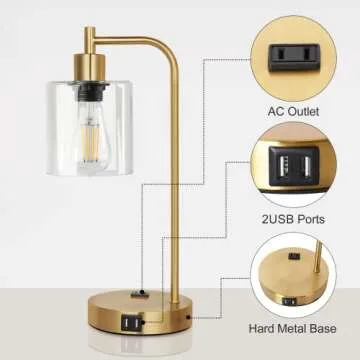 QiMH Set of 2 Industrial Touch Control Table Lamps with 2 USB Ports and 2 AC Outlets, 3-Way Dimmable Bedside Nightstand Reading Lamps with 2700K LED Bulbs, Glass Desk Lamp for Living Room,Bedroom