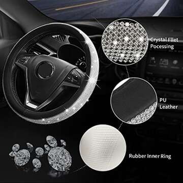 Diamond Bling Steering Wheel Cover for Women Universal Fit 15 Inch, 2 Glitter Rhinestone License Pla...