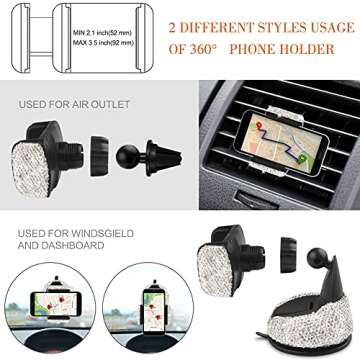 Diamond Bling Steering Wheel Cover for Women Universal Fit 15 Inch, 2 Glitter Rhinestone License Plate Frames, Crystal Car Seat Hooks for Purses Handbags, 15 Bling Car Accessories for Women