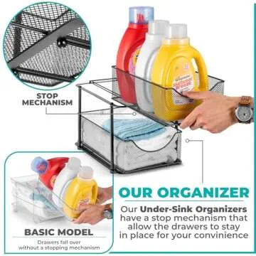 Sorbus 2 Tier Metal Under Sink Organizer for Bathroom, Kitchen, Strong Steel Mesh Sliding Drawers for Under Sink, Under Cabinet, Closet, Kitchen, Pantry, Bathroom Organizers and Storage (Black)