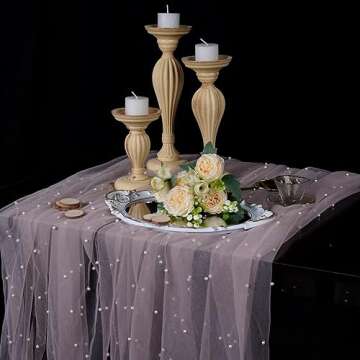 OSVINO Pink Pearl Wedding Arch Decorations Romantic Bridal Veil Lace Fabrics Dessert Table Cloth 63x120 inches Long Beaded Tulle Chiffon Tablecloth Bridal Shower Holiday Birthday Party Table Decor