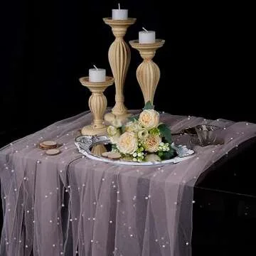 OSVINO Pink Pearl Wedding Arch Decorations Romantic Bridal Veil Lace Fabrics Dessert Table Cloth 63x120 inches Long Beaded Tulle Chiffon Tablecloth Bridal Shower Holiday Birthday Party Table Decor