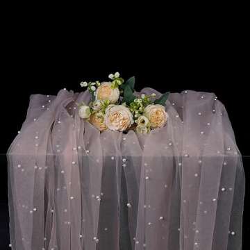 OSVINO Pink Pearl Wedding Arch Decorations Romantic Bridal Veil Lace Fabrics Dessert Table Cloth 63x120 inches Long Beaded Tulle Chiffon Tablecloth Bridal Shower Holiday Birthday Party Table Decor