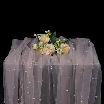 OSVINO Pink Pearl Wedding Arch Decorations Romantic Bridal Veil Lace Fabrics Dessert Table Cloth 63x120 inches Long Beaded Tulle Chiffon Tablecloth Bridal Shower Holiday Birthday Party Table Decor