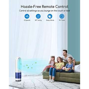 Tower Fan with Remote, Bladeless Fan and Heater in One, LED Display with Auto Off, 8 Speeds, Quiet Cooling, 80° Swing, 9H Timer, Space Saving Portable Oscillating Fan for Bedroom, Home, Office