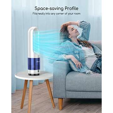 Tower Fan with Remote, Bladeless Fan and Heater in One, LED Display with Auto Off, 8 Speeds, Quiet Cooling, 80° Swing, 9H Timer, Space Saving Portable Oscillating Fan for Bedroom, Home, Office