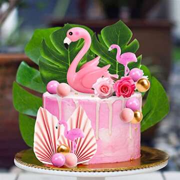 JeVenis Flamingo Cake Decoration Palm Leaves Cake Topper Gold Pink Balls Cake Decoration Rose Cake Topper Flamingo Tropical Party Supplies