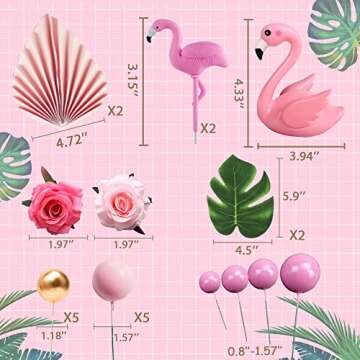 JeVenis Flamingo Cake Decoration Palm Leaves Cake Topper Gold Pink Balls Cake Decoration Rose Cake Topper Flamingo Tropical Party Supplies