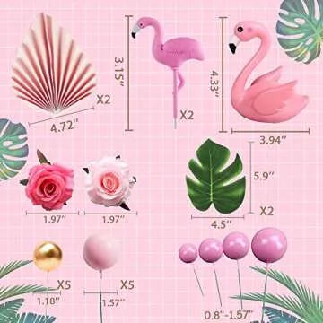 JeVenis Flamingo Cake Decoration Palm Leaves Cake Topper Gold Pink Balls Cake Decoration Rose Cake Topper Flamingo Tropical Party Supplies