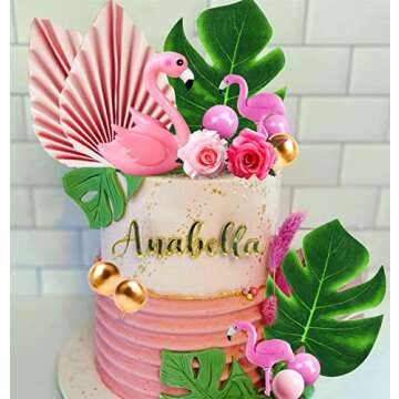 JeVenis Flamingo Cake Decoration Palm Leaves Cake Topper Gold Pink Balls Cake Decoration Rose Cake Topper Flamingo Tropical Party Supplies