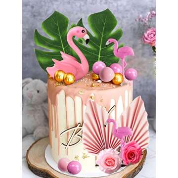 JeVenis Flamingo Cake Decoration Palm Leaves Cake Topper Gold Pink Balls Cake Decoration Rose Cake Topper Flamingo Tropical Party Supplies