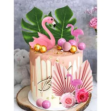 JeVenis Flamingo Cake Decoration Palm Leaves Cake Topper Gold Pink Balls Cake Decoration Rose Cake Topper Flamingo Tropical Party Supplies