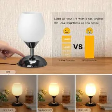 Boncoo Touch Control Table Lamp Dimmable Small Lamp, Ambient Light with Opal Glass Shade Simple Night Light, Modern Accent Lamp Bedside Nightstand Lamp for Bedroom Living Room, E12 Bulb Included