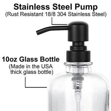 2 Pcs Thick Clear Glass Jar Hand Soap Dispenser Bathroom with Matte Black Stainless Steel Pump, 12ounce Clear Boston Round Bottle Dispenser with Rustproof Pump for Kitchen Dish