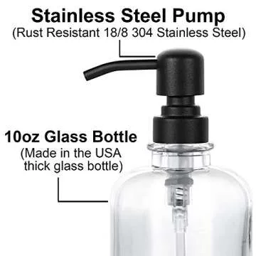 2 Pcs Thick Clear Glass Jar Hand Soap Dispenser Bathroom with Matte Black Stainless Steel Pump, 12ounce Clear Boston Round Bottle Dispenser with Rustproof Pump for Kitchen Dish