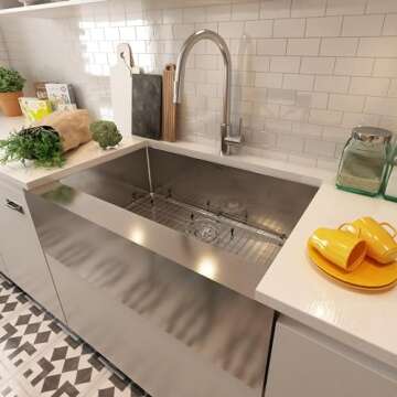 MONDAWE 33 inch Farmhouse Kitchen Sinks 33x22, Single Bowl Brushed Stainless Steel Farm Sink, Handcr...