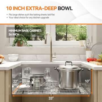 MONDAWE 33 inch Farmhouse Kitchen Sinks 33x22, Single Bowl Brushed Stainless Steel Farm Sink, Handcrafted Apron Deep Sink with Sink Strainer and Protective Bottom Grids, Fregaderos De Cocina