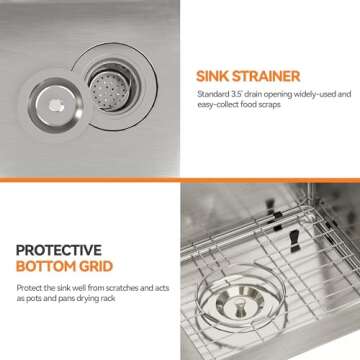 MONDAWE 33 inch Farmhouse Kitchen Sinks 33x22, Single Bowl Brushed Stainless Steel Farm Sink, Handcrafted Apron Deep Sink with Sink Strainer and Protective Bottom Grids, Fregaderos De Cocina