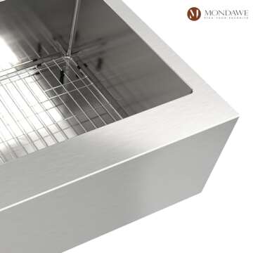 MONDAWE 33 inch Farmhouse Kitchen Sinks 33x22, Single Bowl Brushed Stainless Steel Farm Sink, Handcrafted Apron Deep Sink with Sink Strainer and Protective Bottom Grids, Fregaderos De Cocina